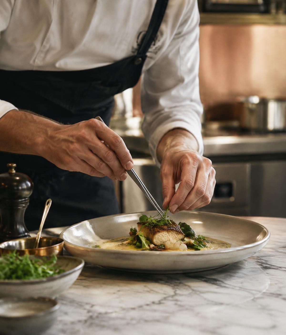 Chef emplatando en una cocina profesional