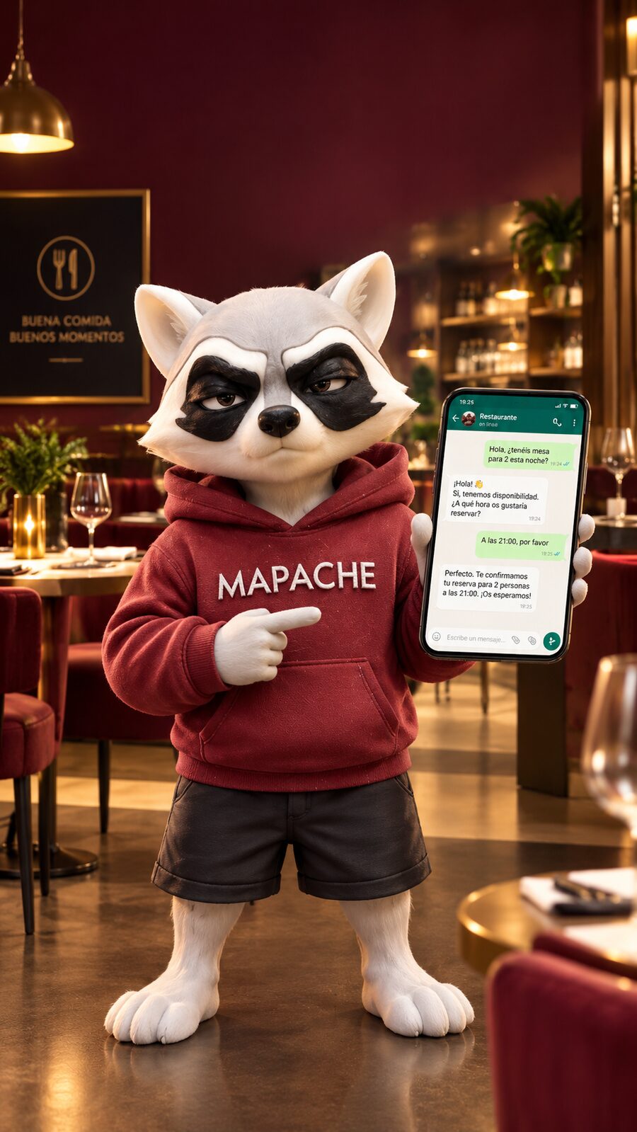 El personaje de MAPACHE sosteniendo un móvil en un restaurante