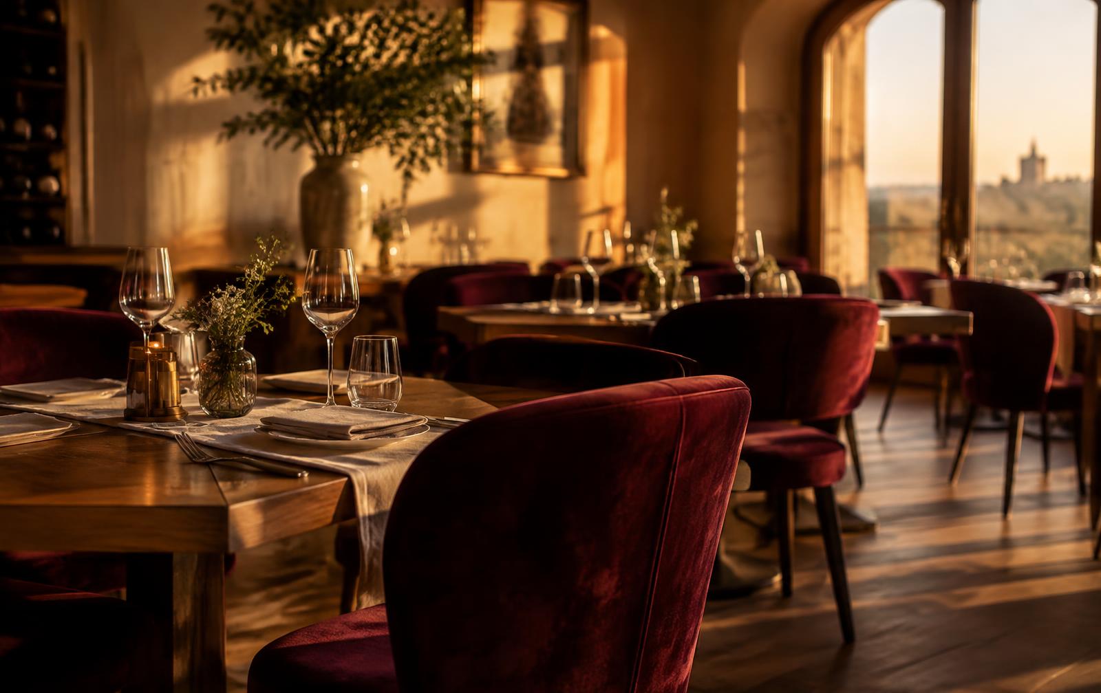 Sala de restaurante con mesas preparadas al atardecer